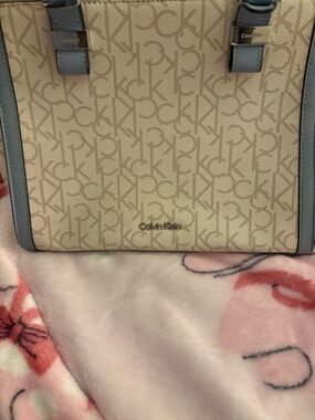 Calvin Klein Beige Monogram Tote with Light Blue Trim